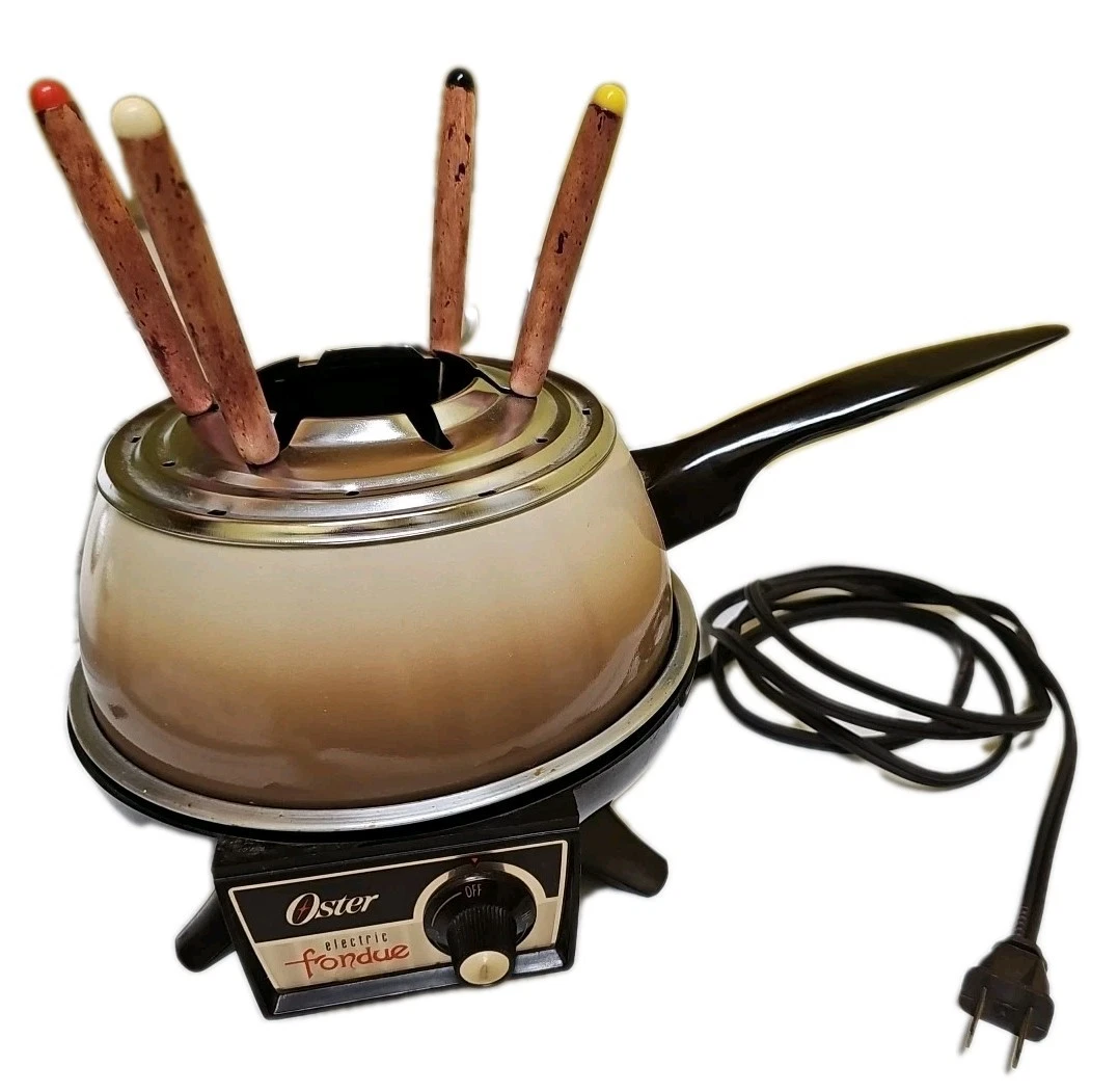 Vtg Oster Electric Fondue Pot Ombre Cream-to-Brown,Hot Plate,Forks Ring,4 Forks