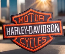 🔥LARGE Harley-Davidson HD Bar & Shield Patch Iron On Orange Black Embroidered