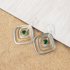 925 Sterling Silver Oval Genuine GREEN EMERALD Bezel Set Drop Dangle Earrings