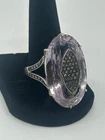 Vintage Cocktail Ring Oval Cut Rose Quartz Pave Inlay Stones Sterling Silver