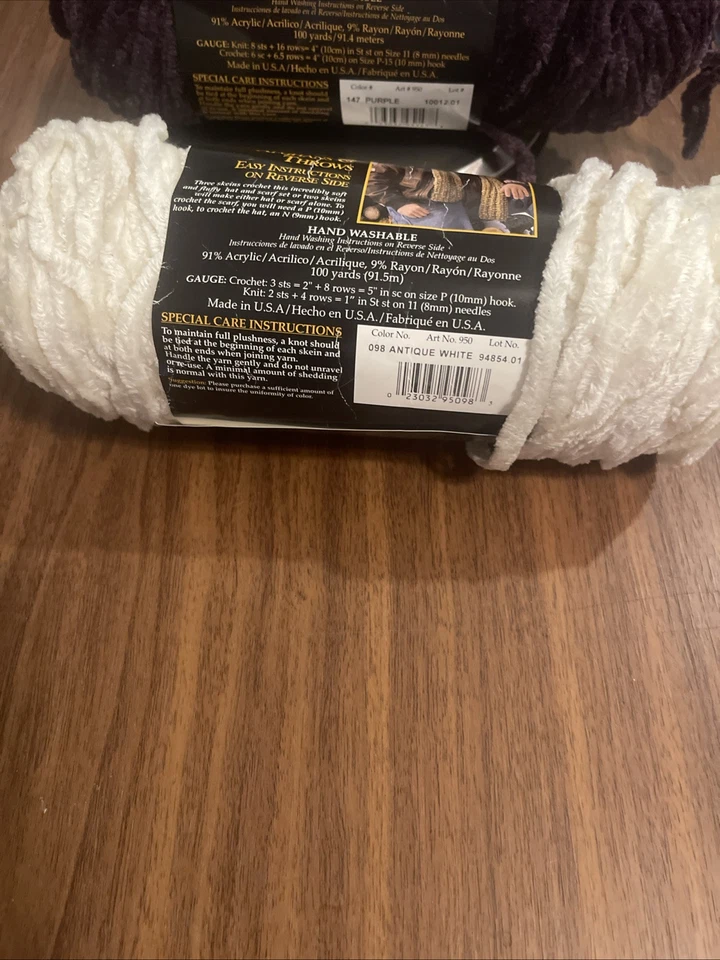 Lion Brand Yarn Chenille Purple And Antique White Lot 100 Yards  Acrylic/Rayon - Image 3 of 4