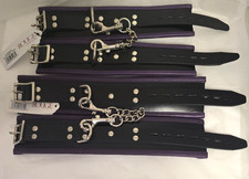 PURPLE BLACK PADDED LEATHER Adjustable ANKLE/WRIST CUFFS SET Rouge Bondage Ltd