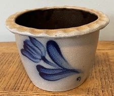 VTG Rowe Pottery Flower Pot Handcrafted 1989 Gray Cobalt Blue Crimped Stamped 4”