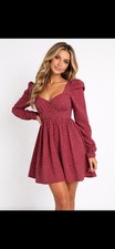 Asos Design Red Burgundy Cotton White Polka Dot Babydoll Mini Dress Size 10