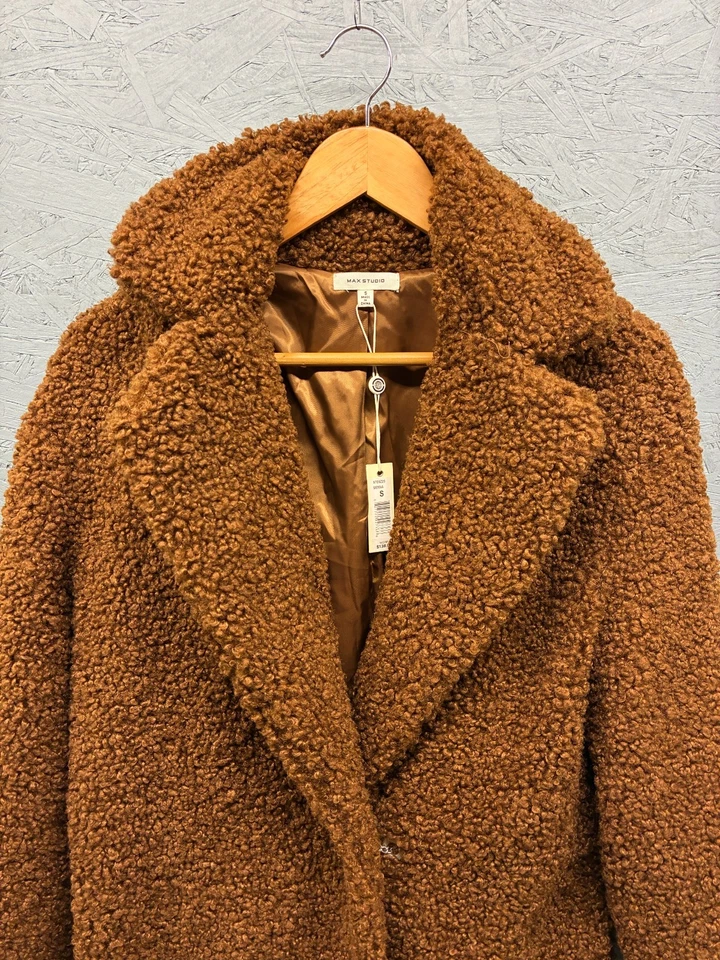 Max Studio Teddy Coat Faux Fur Women’s Small Brown Sienna Long Sleeve Winter - Image 2 of 4