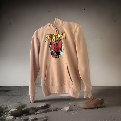 Used Marvel SPIDERMAN Hoodie Men s Small Tan Sweatshirt Vintage Comic Print 90s