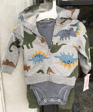 3 pc Baby Boys Carters 3 mo Dino Dinosaur Hoodie Bodysuit Joggers New Just One G