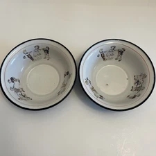 Vintage French  2 Enamelware Bowls 6 1/2” BGB Duco Blue W/Children Playing