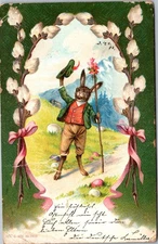 Postcard Easter Anthropomorphic Rabbit Green Jacket tan trousers
