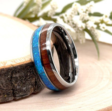 8MM Silver Tungsten Band For Christmas Gift Whiskey Barrel Blue Opal Wood Ring