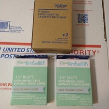 Brother P-Touch Embellish Gold Print on Mint Green Satin Ribbon TZERM34    Wide