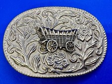 Covered Wagon Oval Two Tone Flower Swirl Ornate Western Vintage Belt Buckle