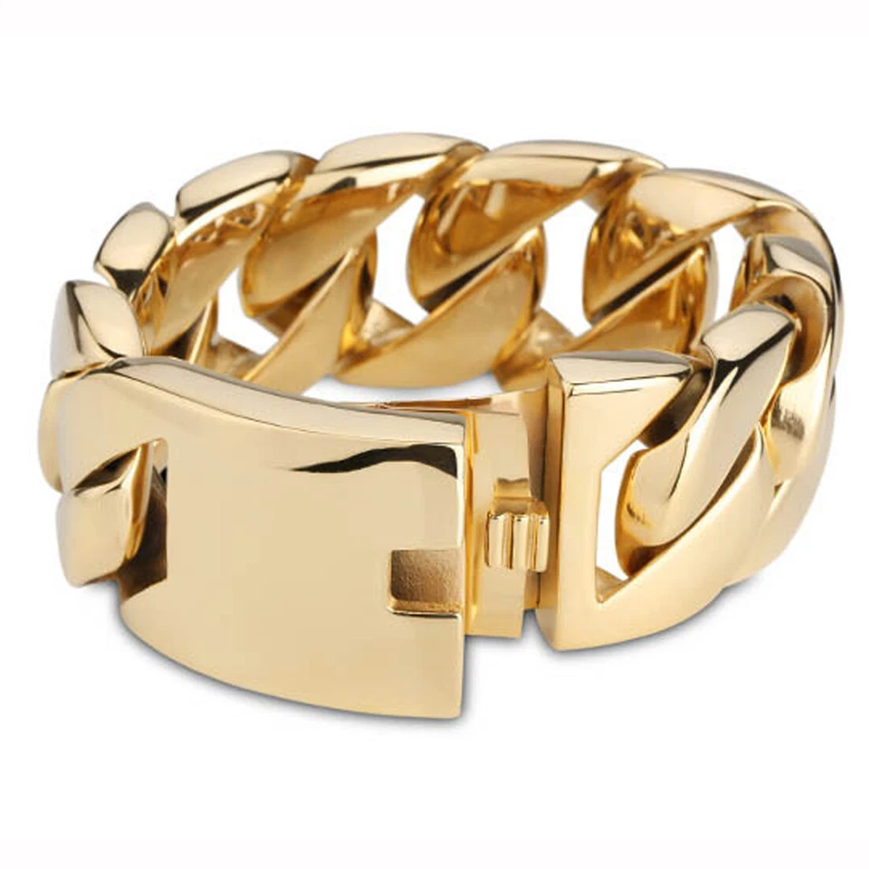 Brazalete de cadena de eslabones cubanos de acero inoxidable tono dorado pesado de 24 mm/32 mm de ancho para hombre Foto 3 de 4