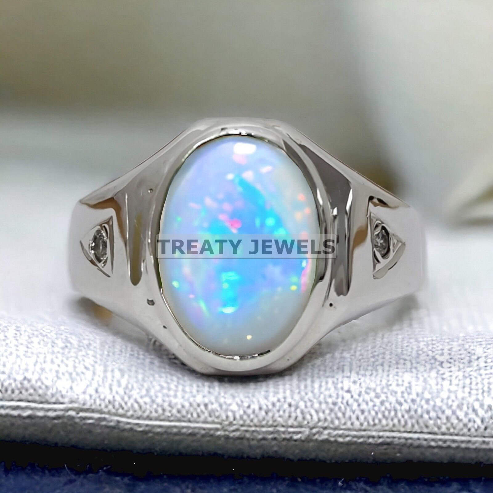 Opal Oval Cut Gemstone With 925 Sterling Silver Ring For Men's #873 *