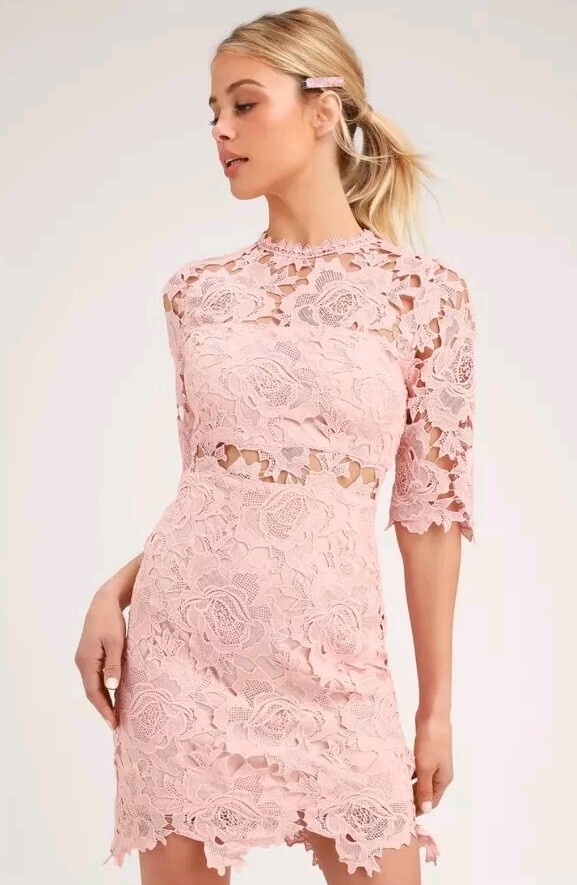 Lulus Cocktail Dress Womens Small Sheath Peach Lace half Sleeve peekabo waist-image