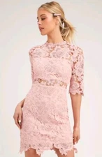 Lulus Cocktail Dress Womens Small Sheath Peach Lace half Sleeve peekabo waist