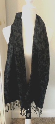 New CEJON ITALY Black Gray Fringed Soft SCARF 64X10.5'' Paisley Reversible NWT