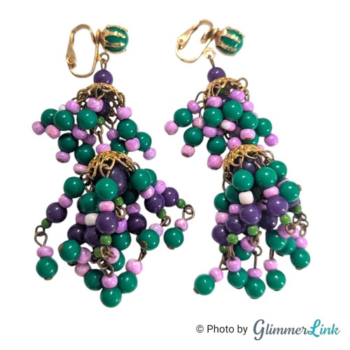 Orecchini Vintage Verde Rosa Viola Perline Lampadario a Livelli Pendente Tono Oro Clip On - Foto 4 di 6