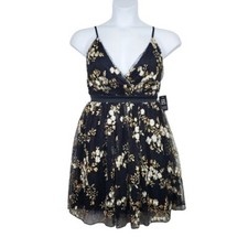Express Womens Black Gold Floral Embroidered Lace Fit & Flare Dress Size 4 NWT