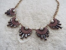 Goldtone Black Bead Pink Rhinestone Scoop Necklace J25 