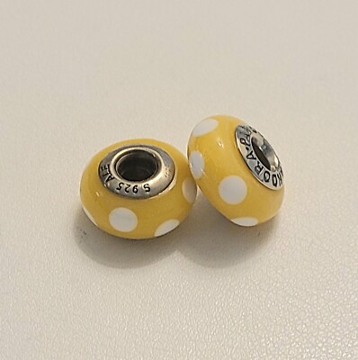 Pandora Set Of Two Murano Glass Charms Yellow With White Dots New