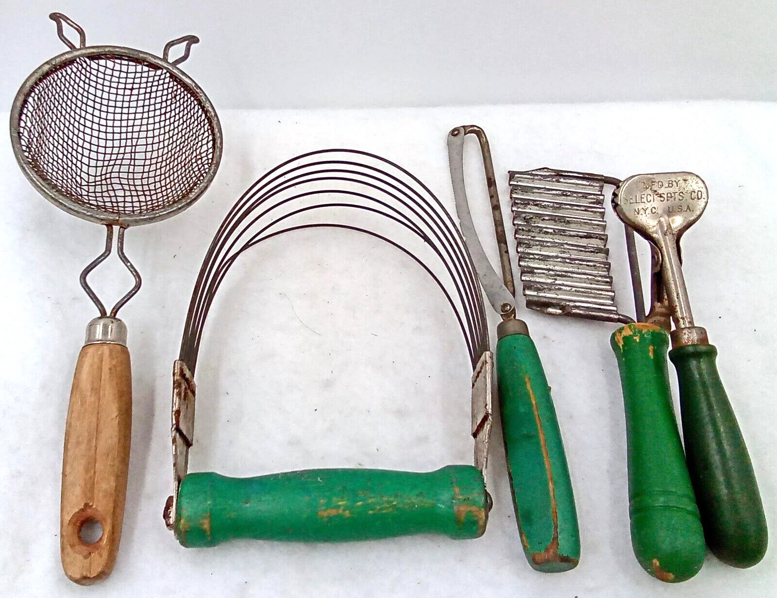 Vintage Kitchen Utensils Wood Handles Green Metal Surehold Retro Decor Set of 5 - product detail image 7