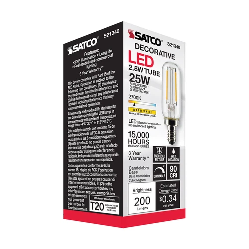 Satco S21340 LED Filament Tube 120V 2.8W =25W T6 Candelabra E12 2700K Warm White - Picture 6 of 11