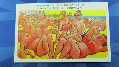 Freche Comic Postkarte 50er Jahre große Brüste Bikini Ich nehme an, finde diese Wohnung nach den Alpen