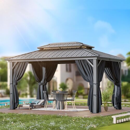10' x 12' Outdoor Hardtop Gazebo Canopy w/ Aluminum Frame Sidewalls, Brown NEW# - Picture 21 of 22