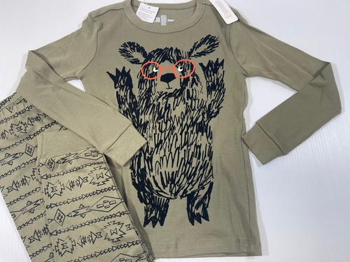 Gymboree Boys 100% Cotton Olive Bear Long Sleeve Top Pant Pajama Set 12 - Picture 2 of 5