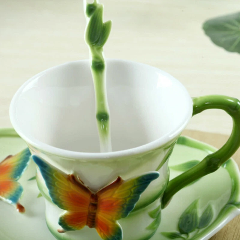 Creatividad Mariposa Esmalte Porcelana Café Leche Taza de Té Plato Cuchara Juego de Té Foto 4 de 4