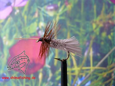 Trockenfliege '' Goddard Caddis '', 3er Set auf Schonhaken, barbless hook