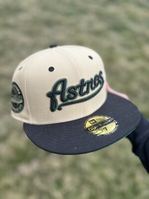 MENS HOUSTON ASTROS PATCH CHROME CREAM GREEN NEW ERA 59FIFTY FITTED HAT SCRIPT