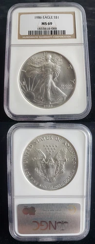 1986 American Silver Eagle 1 Oz Graded NGC MS69 Brown Label 24370