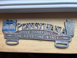 Vintage Pennsylvania License Plate Topper Cast Aluminum Drive Carefully Keystone