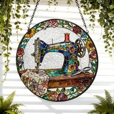 Sewing Machine Stained Glass Suncatcher, Quilter Window Hanging Decor