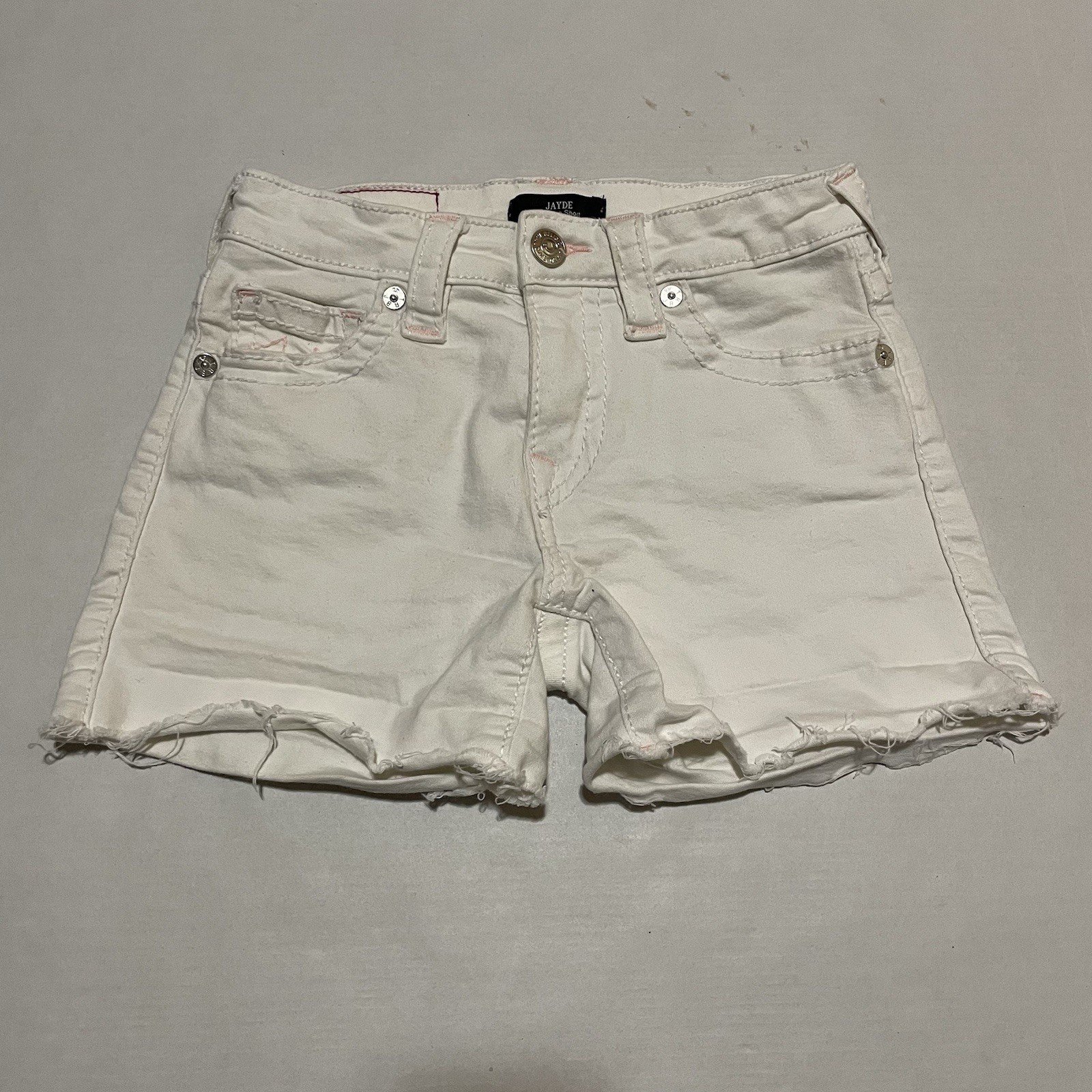 True Religion White Jayde Low Rise Denim Frayed Hem Shorts Distressed 25 X 3