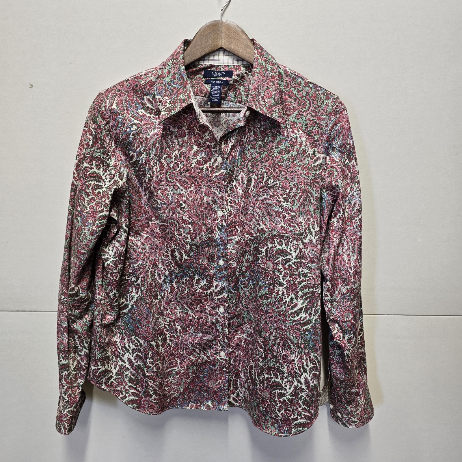 CHAPS NO IRON Shirt Pink Paisley w Plaid Flip Cuff Button Front Women's XL