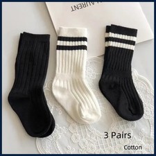 3 Pairs Kids Cotton School Uniform Socks Long Tube Black White Sports Socks