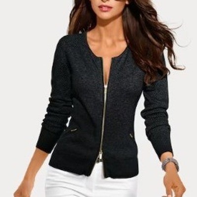 Heine 2-way Zip Cardigan in Black with Mesh Detail Cotton-Silk Blend