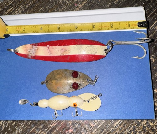 Vintage Cop-E-Cat, ALW Lot of 3 Vintage Fishing Lures Spoons & wooden crank Bait