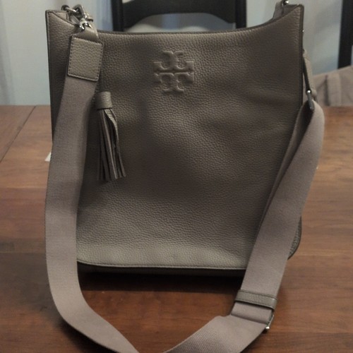 Tory Burch Gray Crossbody Bag Logo Tassel Adjustable Strap Magnetic Close