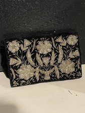 Vintage Zardozi Silver Wire Embroidered Black Velvet Clutch Evening Bag