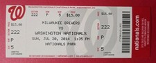 Washington Nationals Milwaukee Brewers Baseball Ticket 7/20 2014 Gonzalez 1K SOs