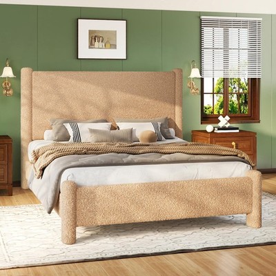 Queen Boucle Upholstered Bed Frame Cylinder Headboard Platform Sherpa Khaki