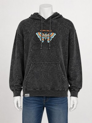 Born Dead Moth Skull Hoodie Black Acid Wash Pullover Graphic Rose Streetwear
