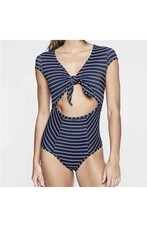 Athleta Navy Striped One-Piece Swimsuit Cutout Tie Front Size L Blue Nautical