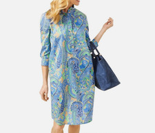 J McLaughlin Berlin Dress Blue Shift Paisley 3/4 Sleeve Pockets Women's Medium 