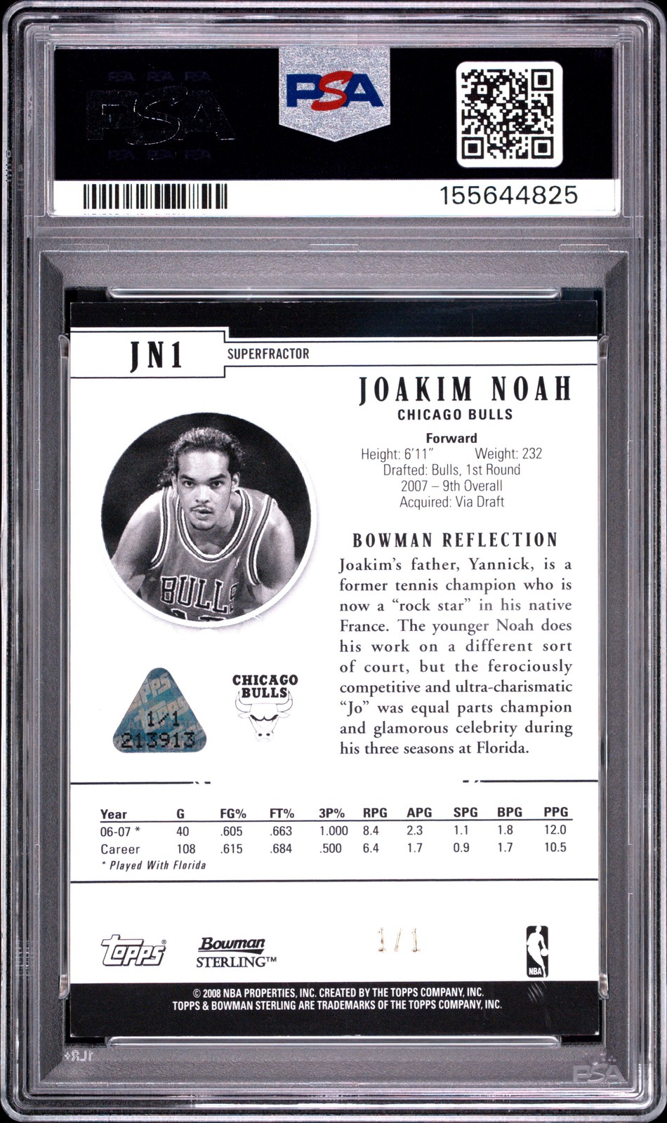 2007 BOWMAN STERLING BLACK SUPERFRACTOR #JN1 JOAKIM NOAH RC 1/1 PSA 8 view 2