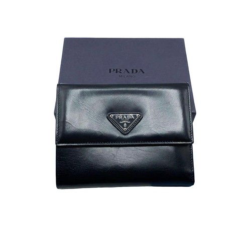 Prada M168 Leather Tri-Fold Wallet Black Authentic Designer Card Case